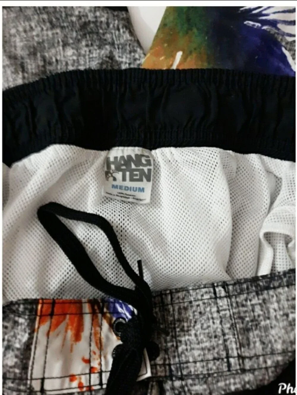 Hang Ten Mens Floral Striped Swim Trunks Board Shorts Black Grey Orange Medium